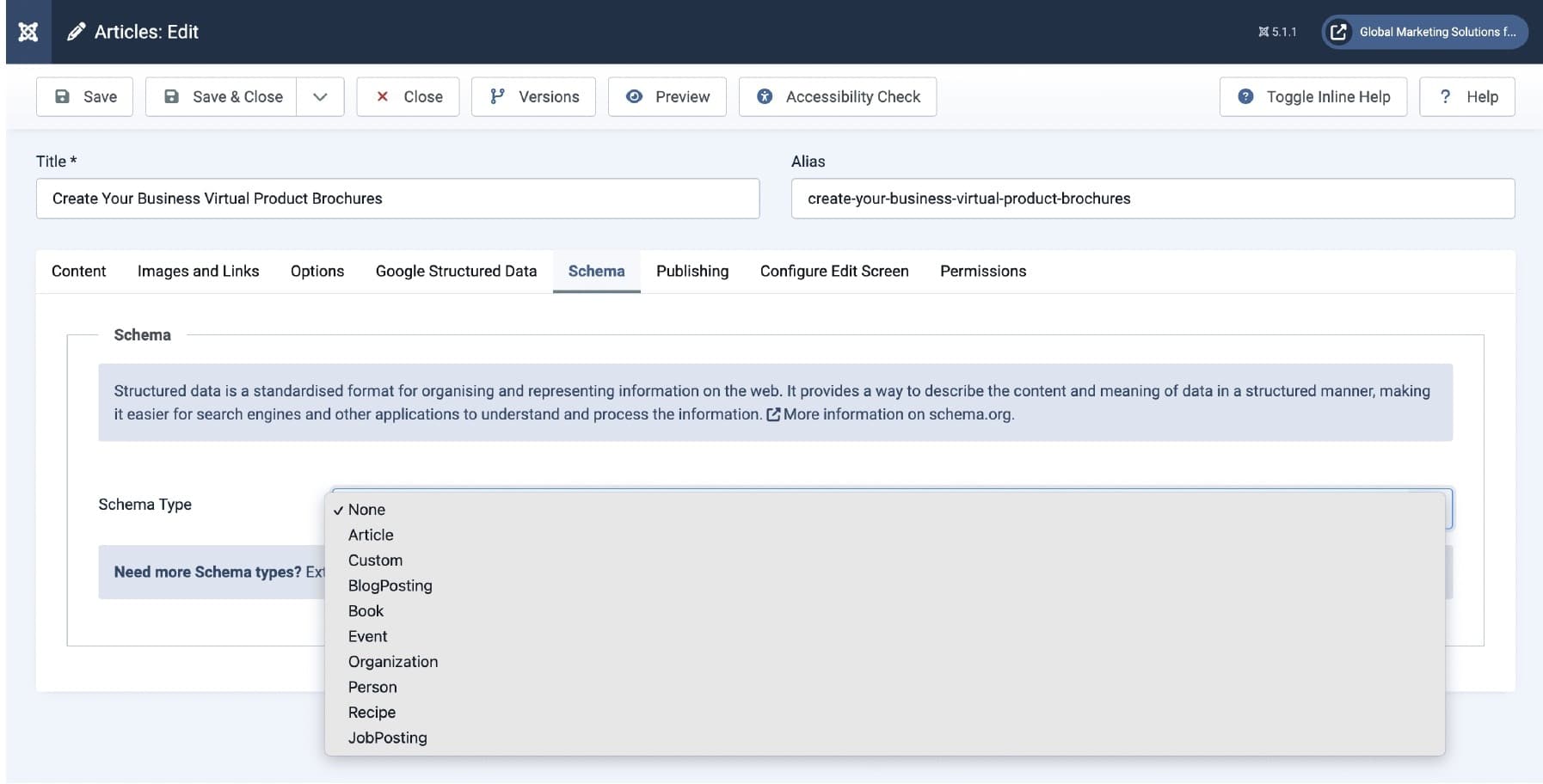 Joomla article schema type