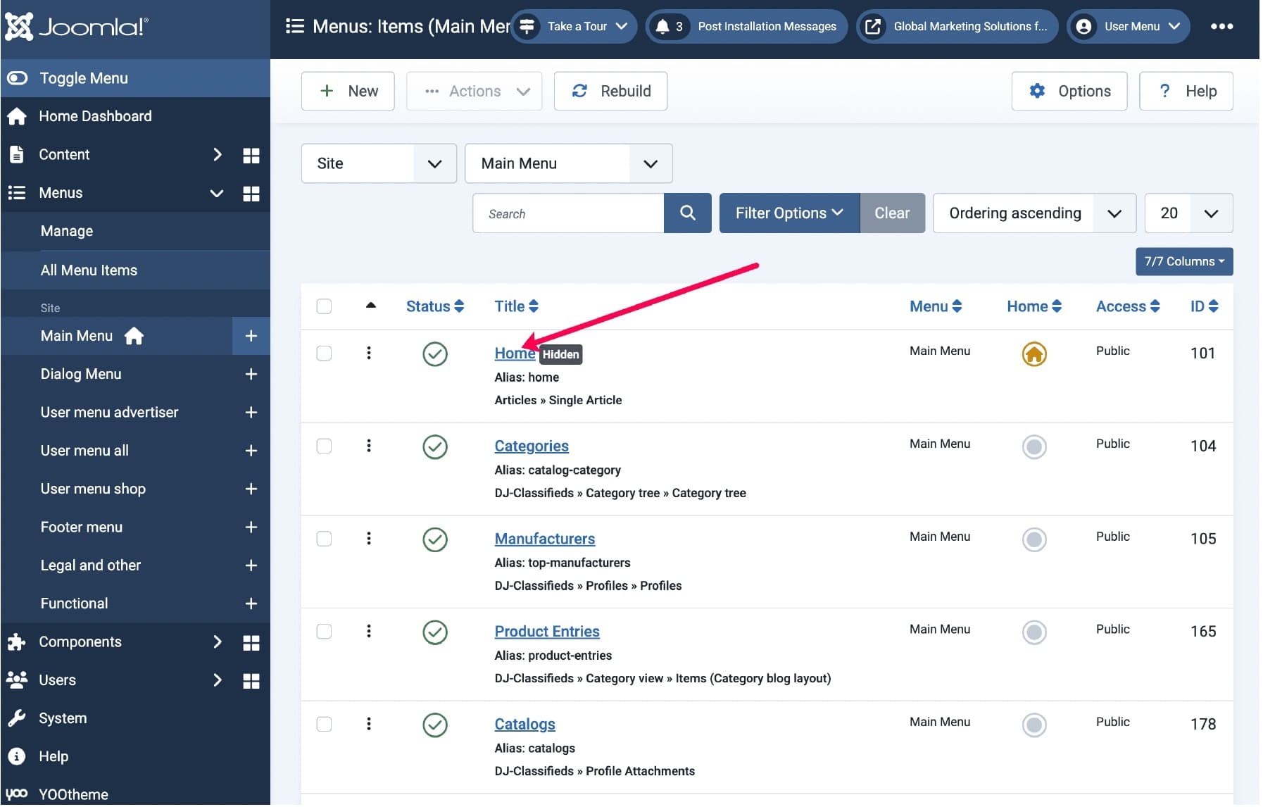 Joomla menu items