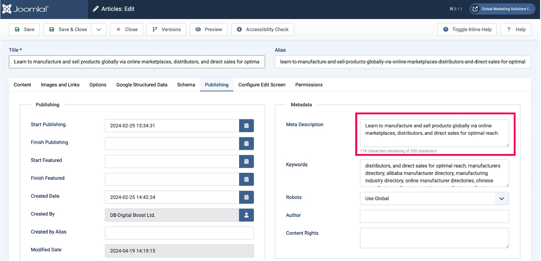 Adding meta description for Joomla article