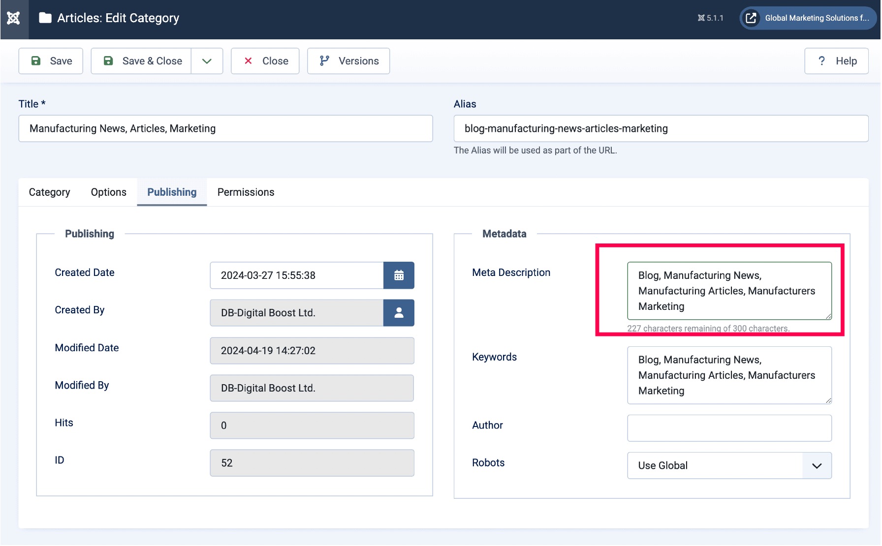 Adding meta description for Joomla category