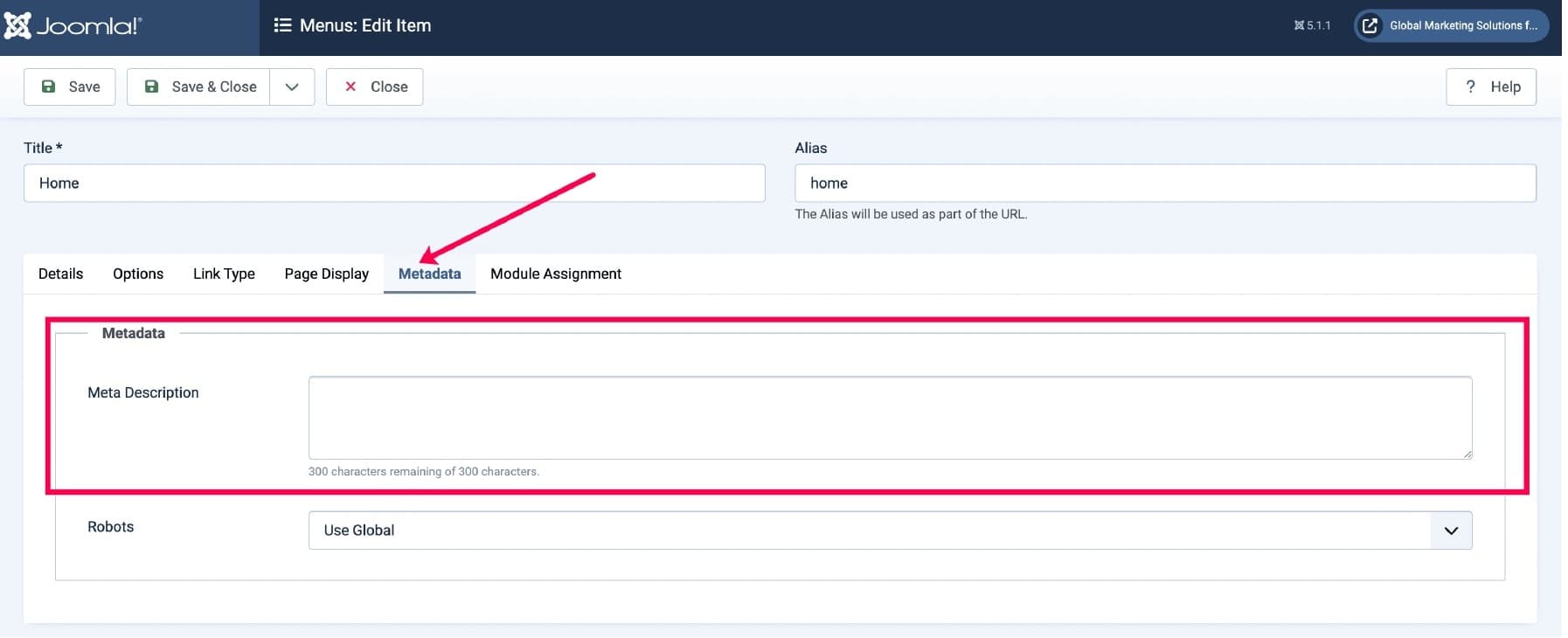 Adding page meta description in Joomla