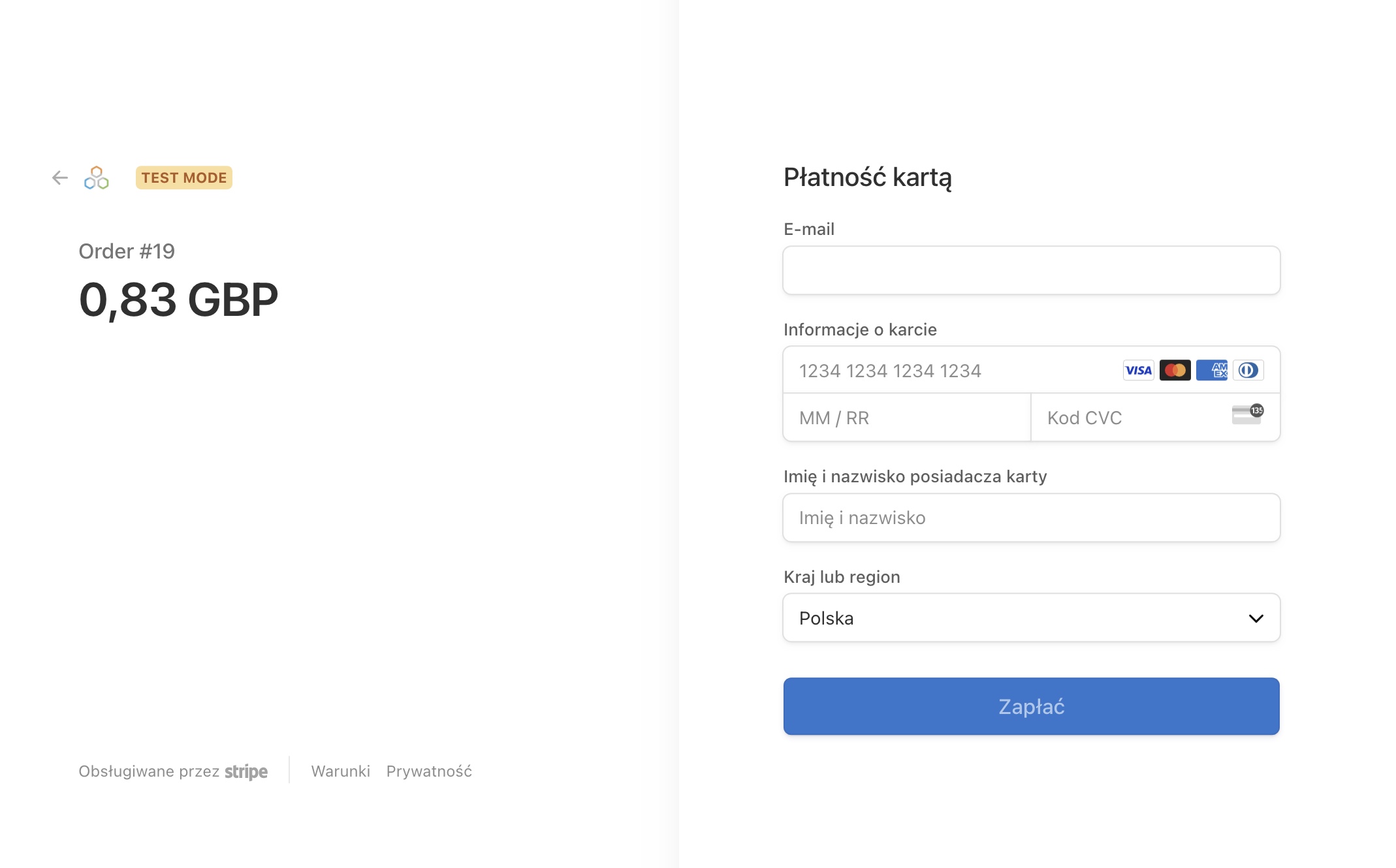 Płatność kartą kredytową przez stripe
