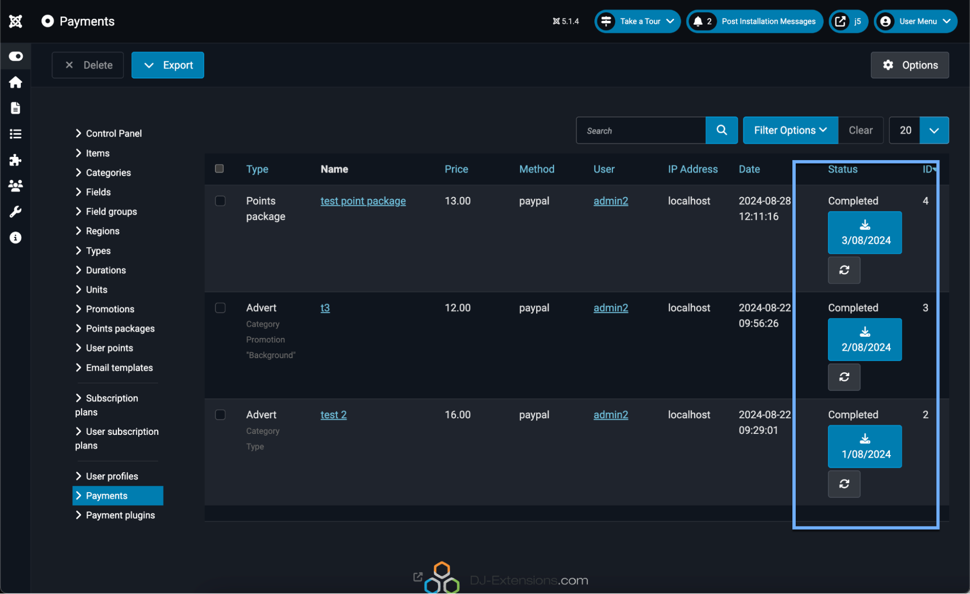 DJ-Classifieds invoice app admin layout