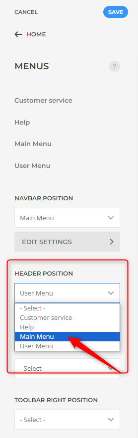 yootheme pro builder menus settings - header position - main menu