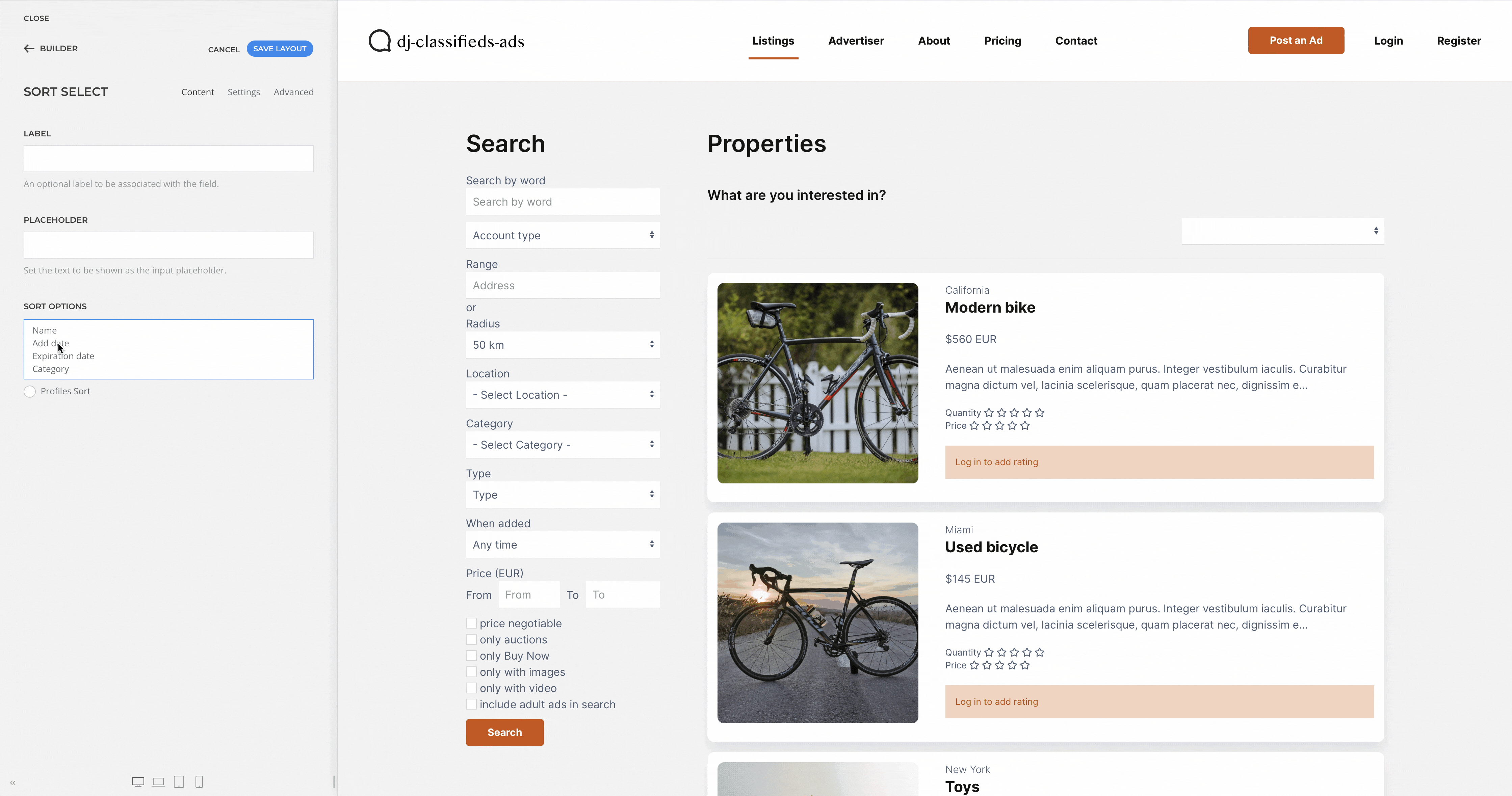 adding yootheme classifieds sort select element