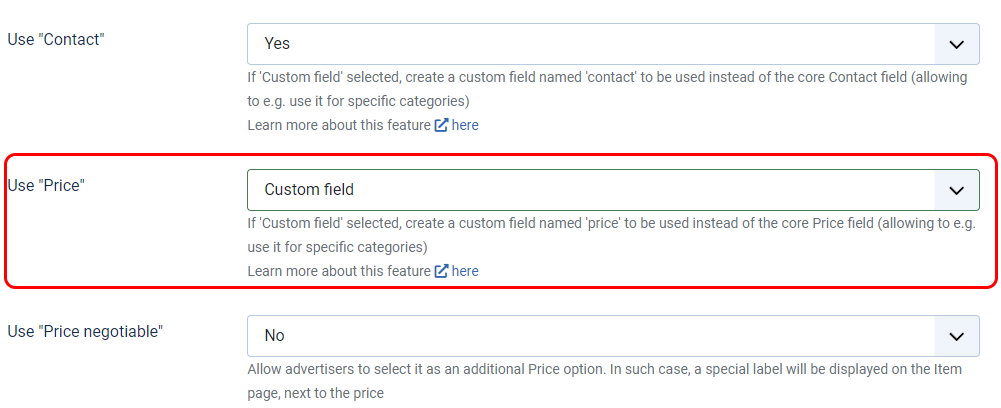DJ-Classifieds: Use Price & Contact Fields as Custom Fields
