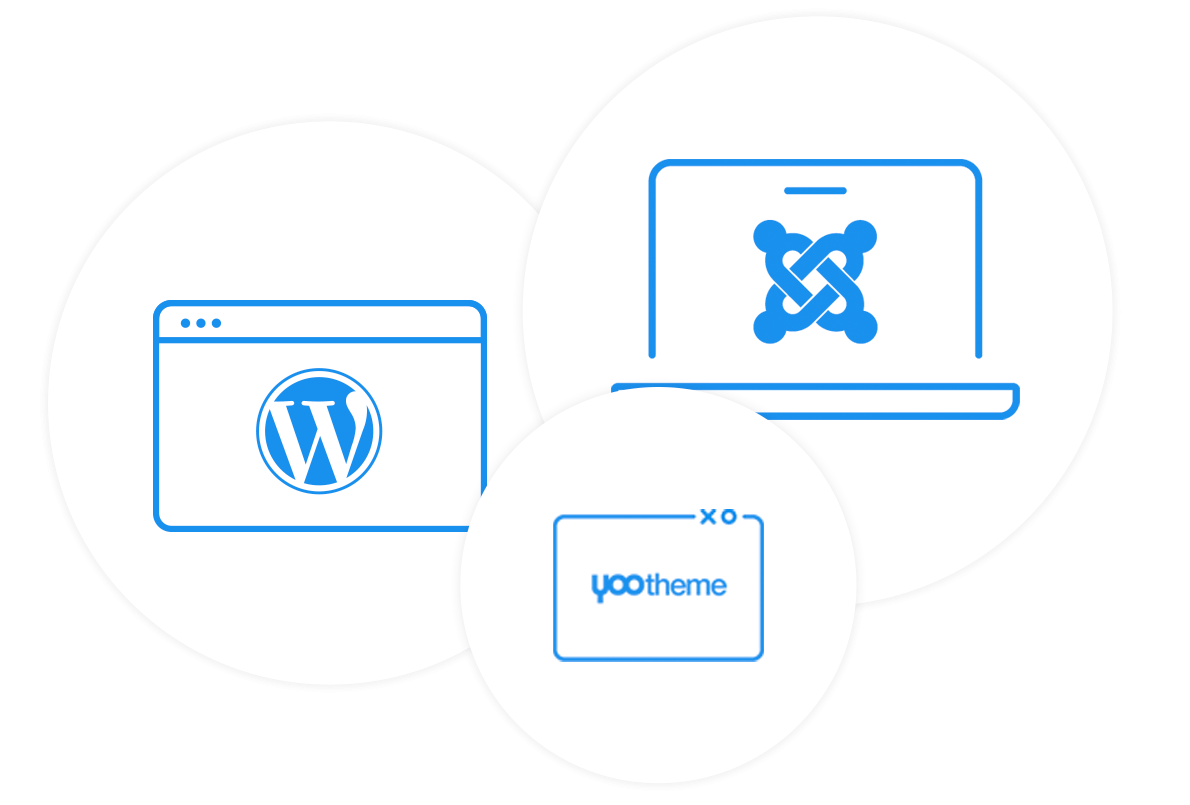 wordpress, joomla and yootheme logos