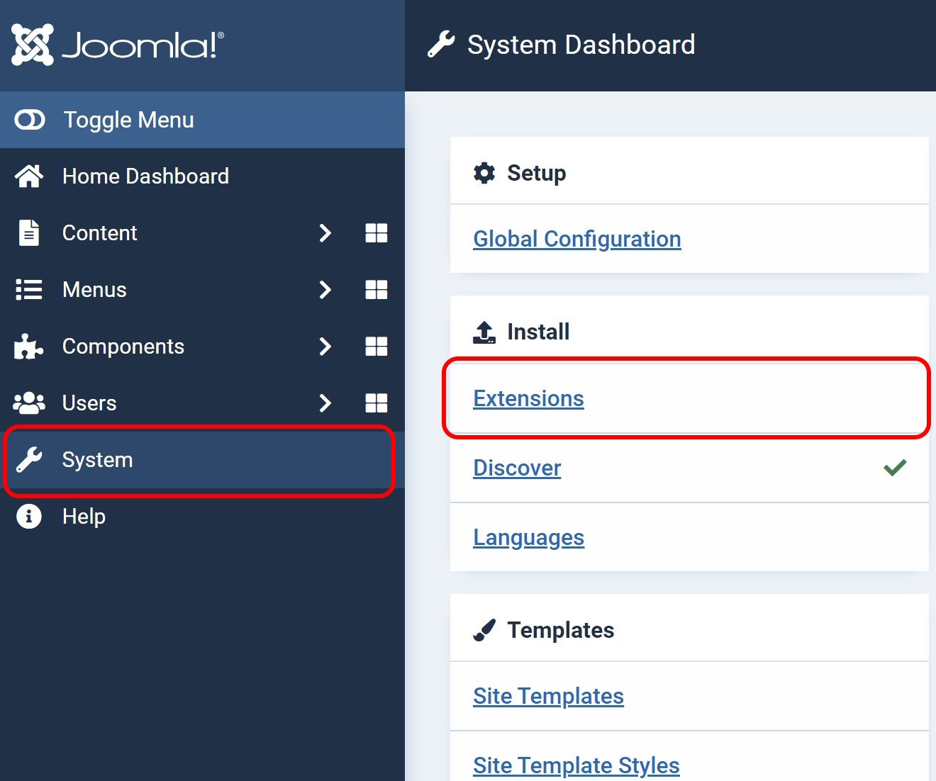 Joomla! System Dashboard with sidebar menu and highlighted ‘Install Extensions’ option.