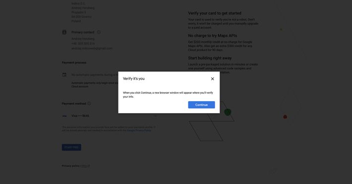 Google Cloud - credit card authorisation screenshot