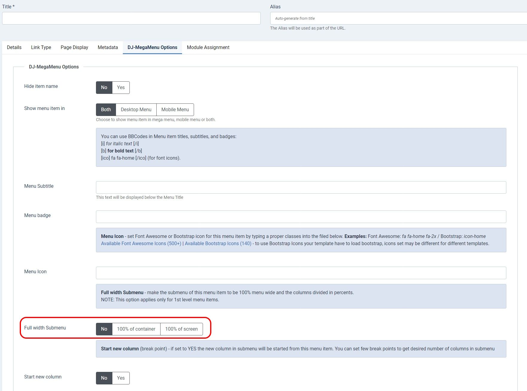 Screenshot of the DJ-MegaMenu Options page showing settings for 'Full width Submenu' with options to make the submenu 100% of the container or screen width.