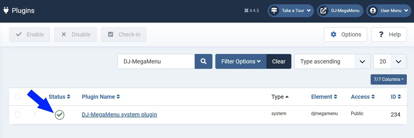 Screenshot of the Joomla Plugins management page highlighting the DJ-MegaMenu system plugin with a green checkmark indicating it is enabled.