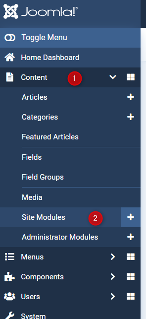 Highlighted Site Modules option in Joomla side menu.