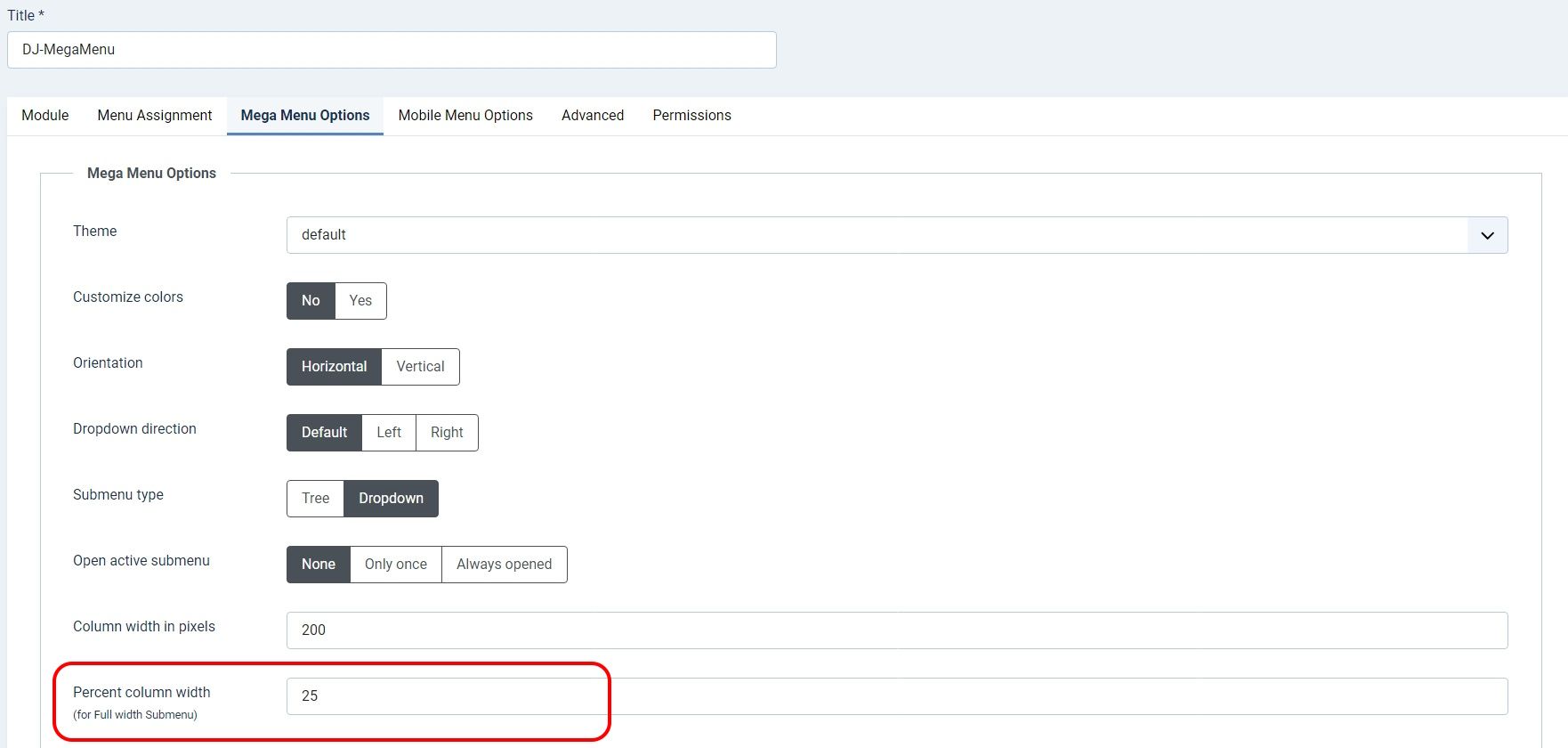 Screenshot of a Mega Menu Options tab in DJ-MegaMenu Module with "Percent column width" setting highlighted.