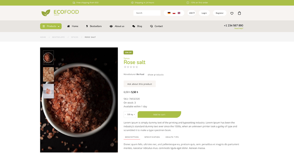 dj-ecofood szablon ecommerce dla Joomla oparty na Yootheme pro widok pojedynczego produktu