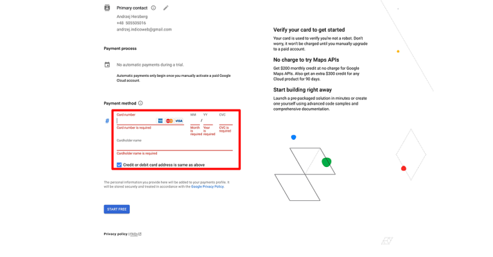 Google Maps API - add credit card process screenshot