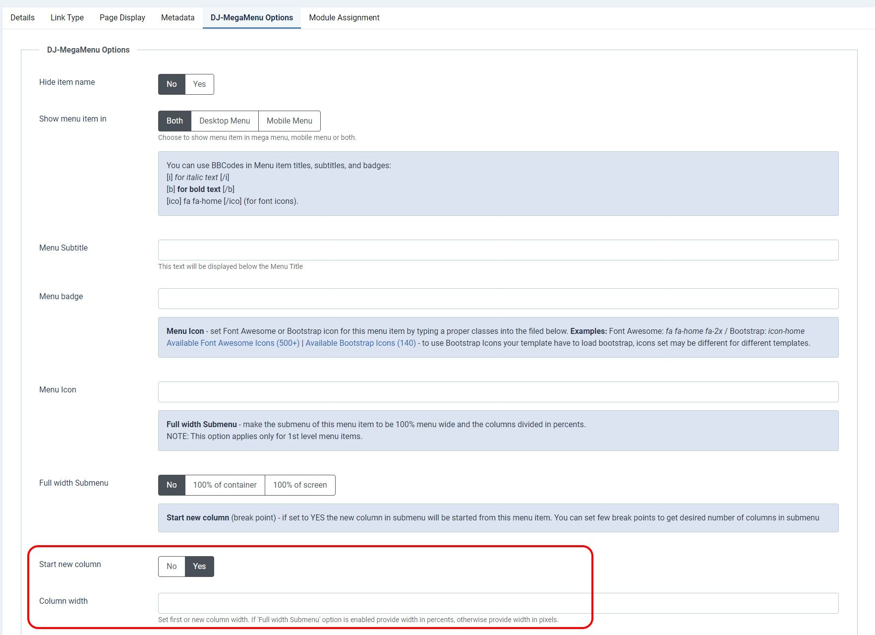 Screenshot of the DJ-MegaMenu Options page highlighting settings for starting a new column and specifying column width.