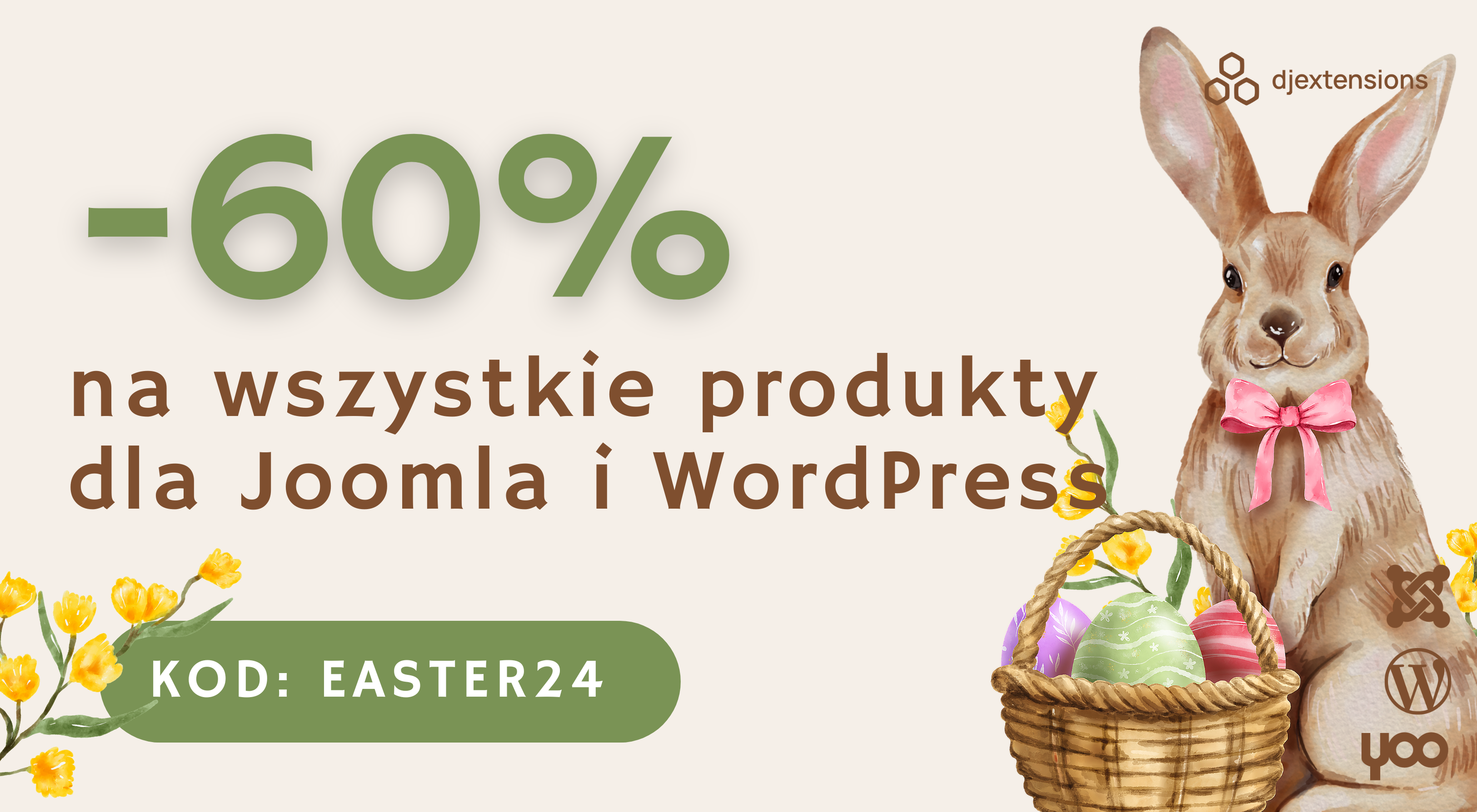 Wiosna pełna oszczędności! Skorzystaj z 60% rabatu Wielkanocnego na WSZYSTKIE produkty Joomla i WordPress